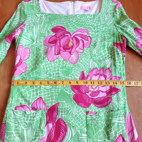 Lilly Pulitzer Dress Size 2 Green Pink Koi Fish Lotus Blossom Flower Shift - Picture 9 of 11